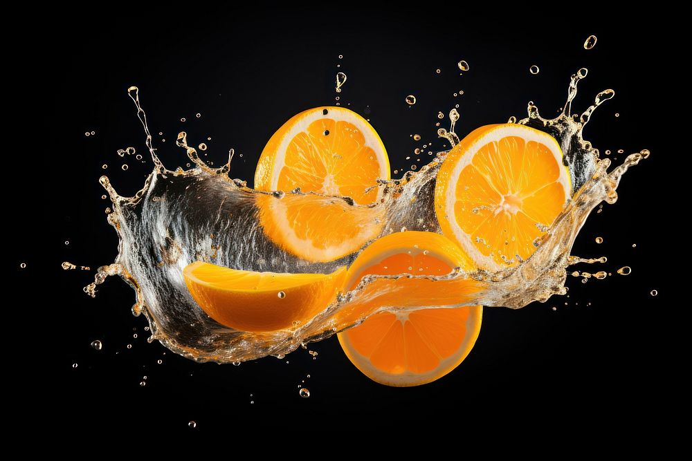 Oranges falling with a splash of orange juice fruit plant food.
