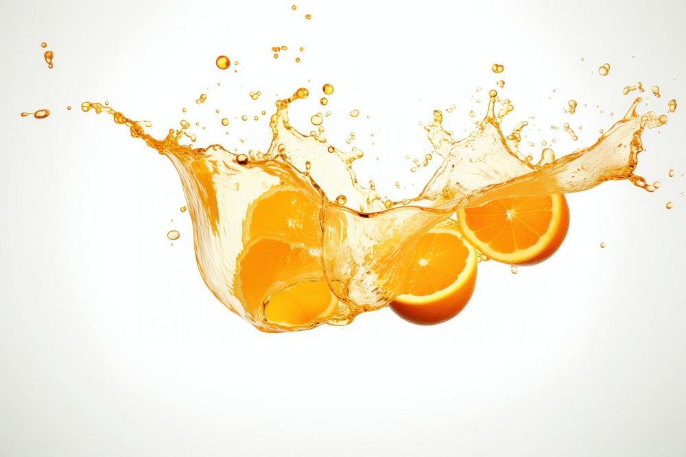 Oranges falling from up to down with a splash of orange juice fruit refreshment splattered.