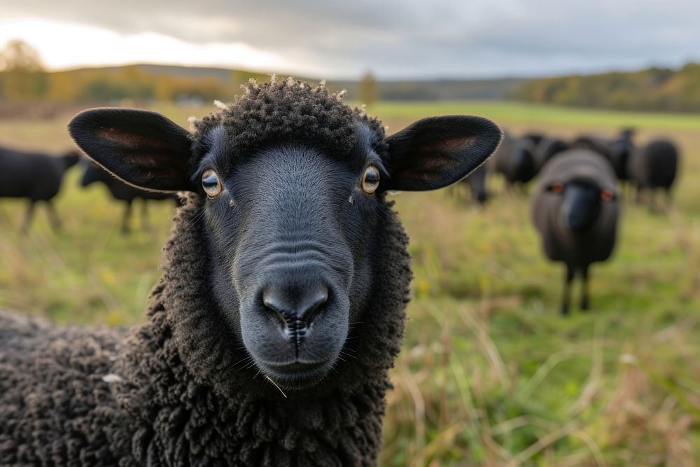 Black Cute sheep livestock grazing on a rural farm staring at camera outdoors animal mammal.
