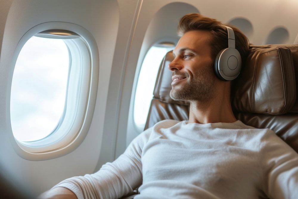 Happy man passenger sitting on business class headphones headset vehicle.