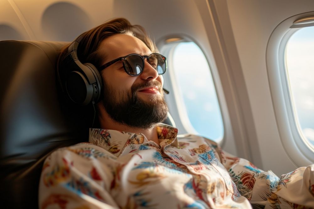 Happy man passenger sitting on business class headphones sunglasses headset.
