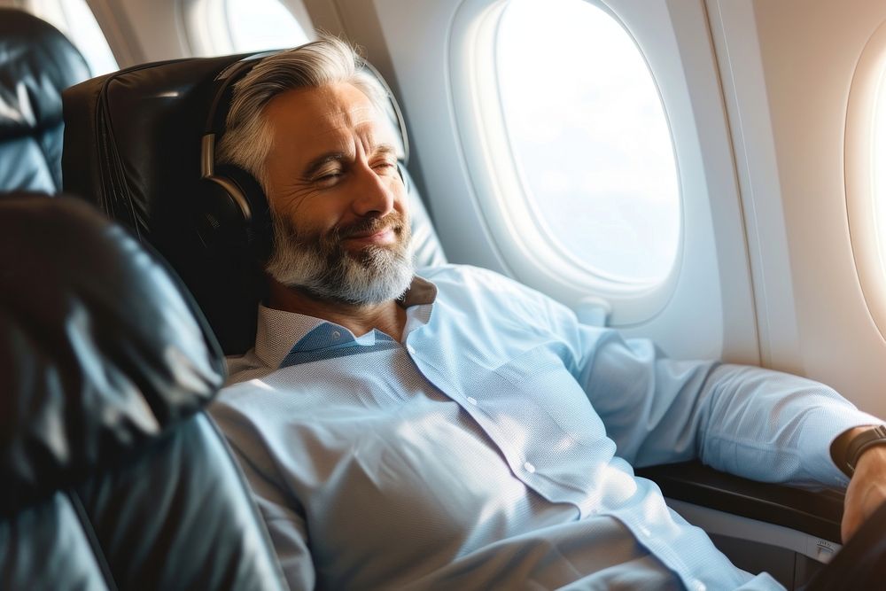 Happy man passenger sitting on business class headphones adult contemplation.