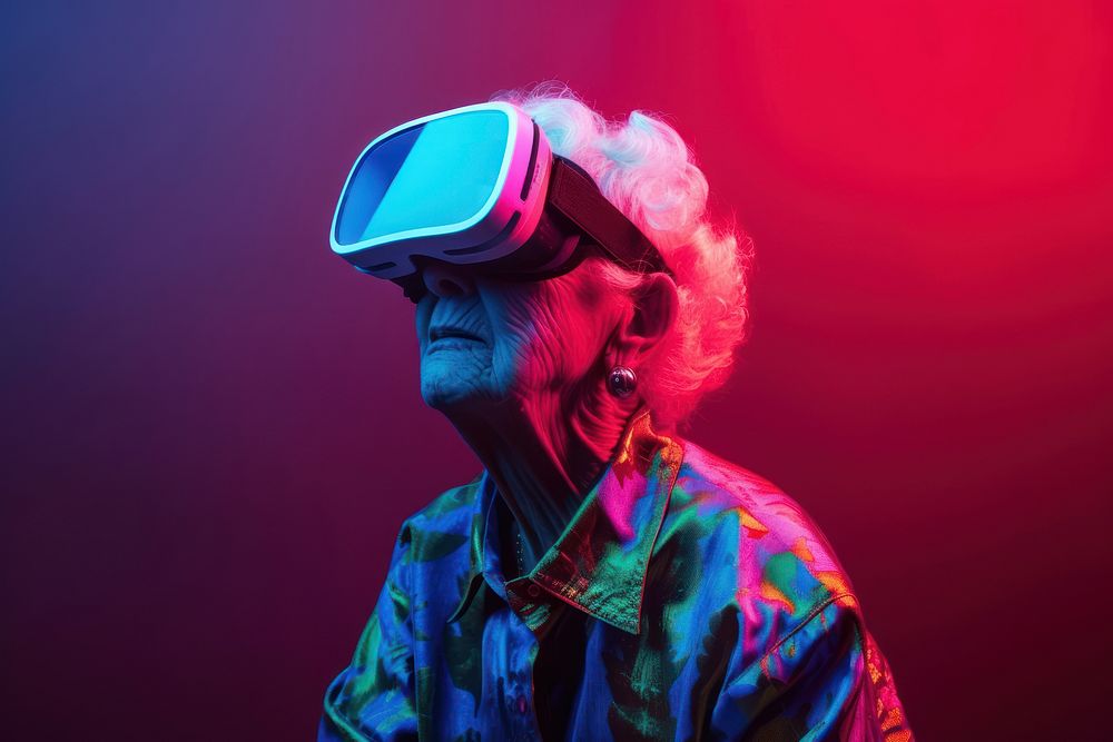 Old woman wearing vr glasses portrait light photo.