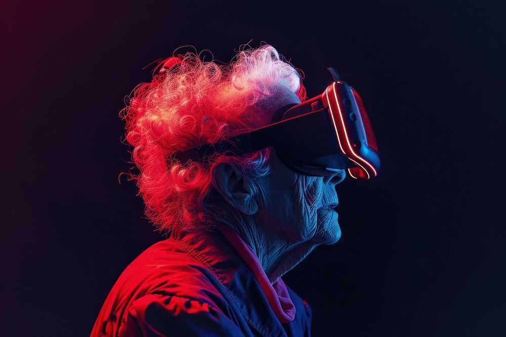 Old woman wearing vr glasses portrait adult light.