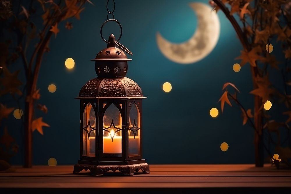 Ornamental Arabic lantern night moon glowing.