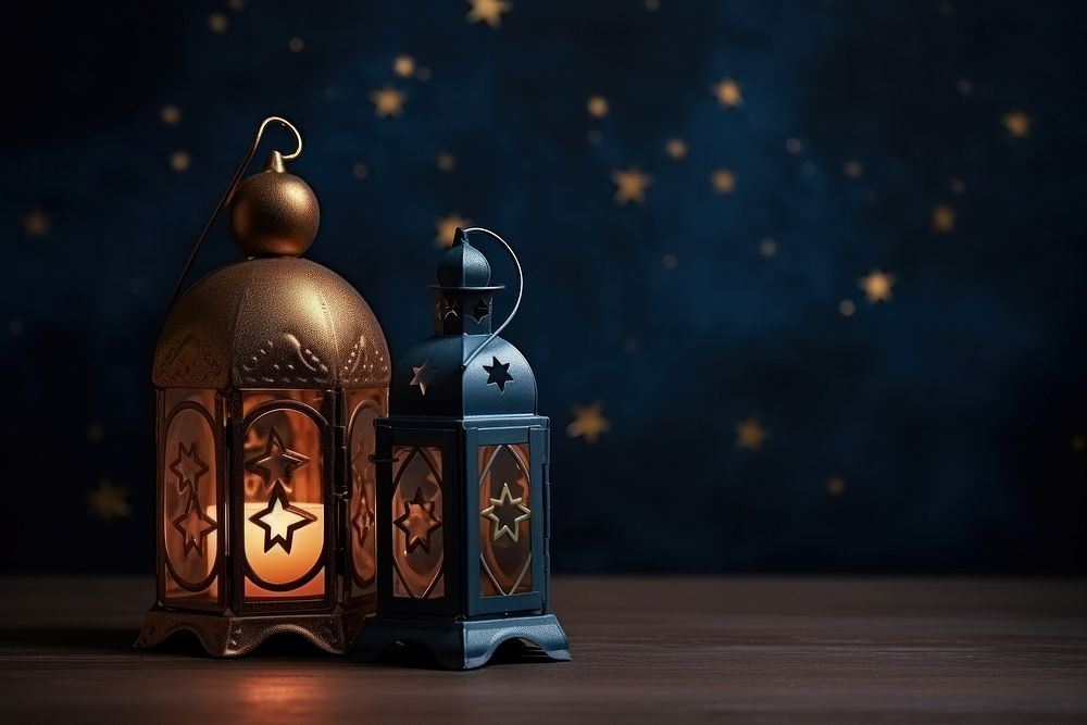 Ornamental Arabic lantern glowing candle night.