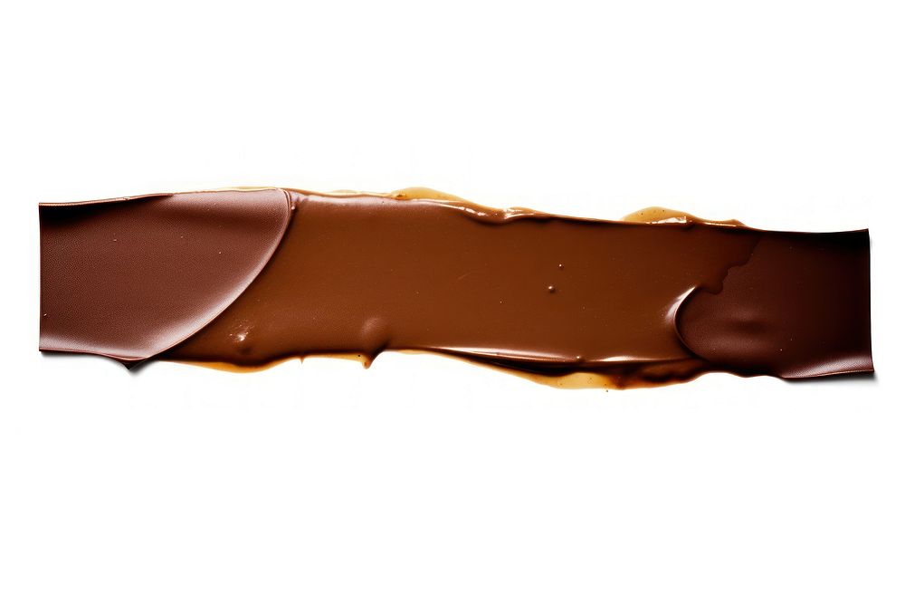 Dark brown shiny adhesive strip chocolate dessert white background.