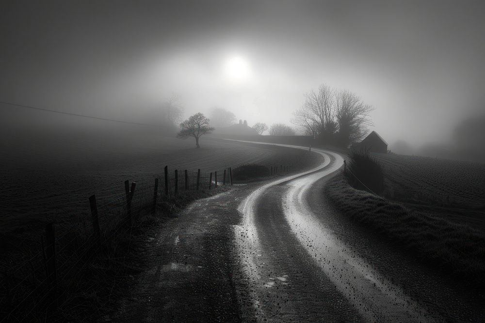 Rural road with light outdoors nature fog.