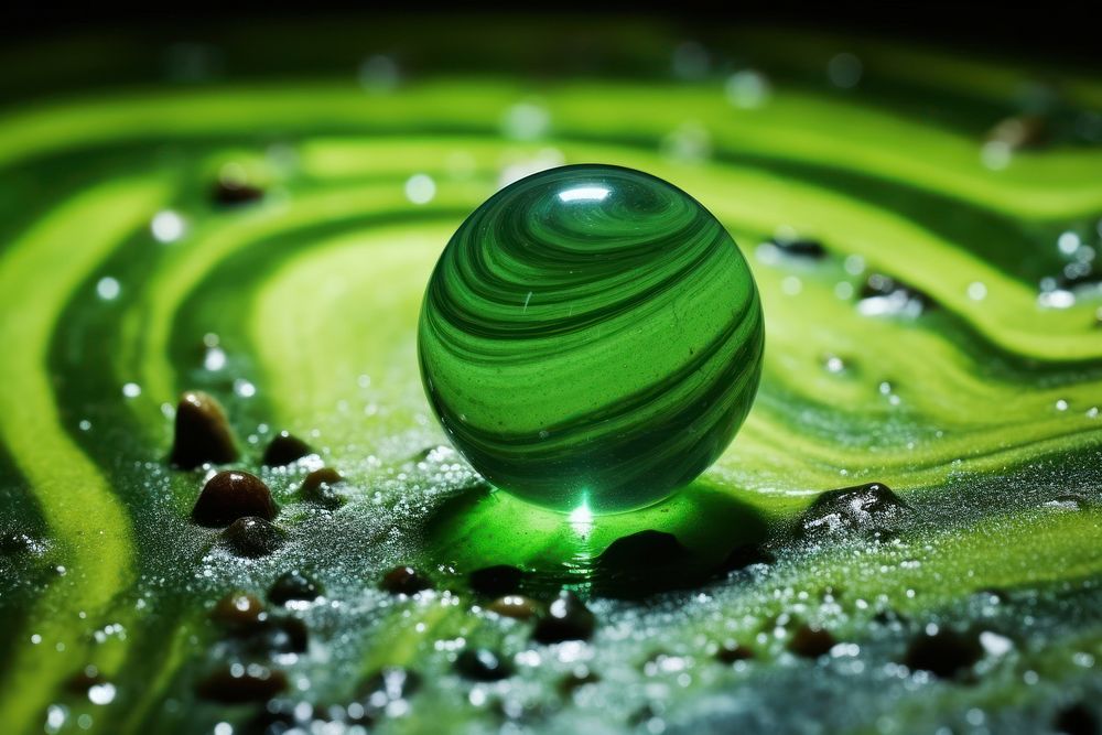 1 green marble on green sand background sphere plant leaf.