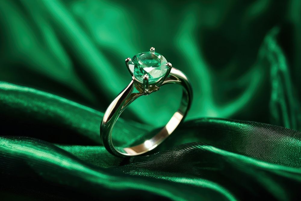 1 simple emerald ring on green background gemstone jewelry diamond.
