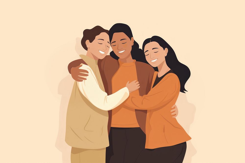Three friends hugging laughing adult.