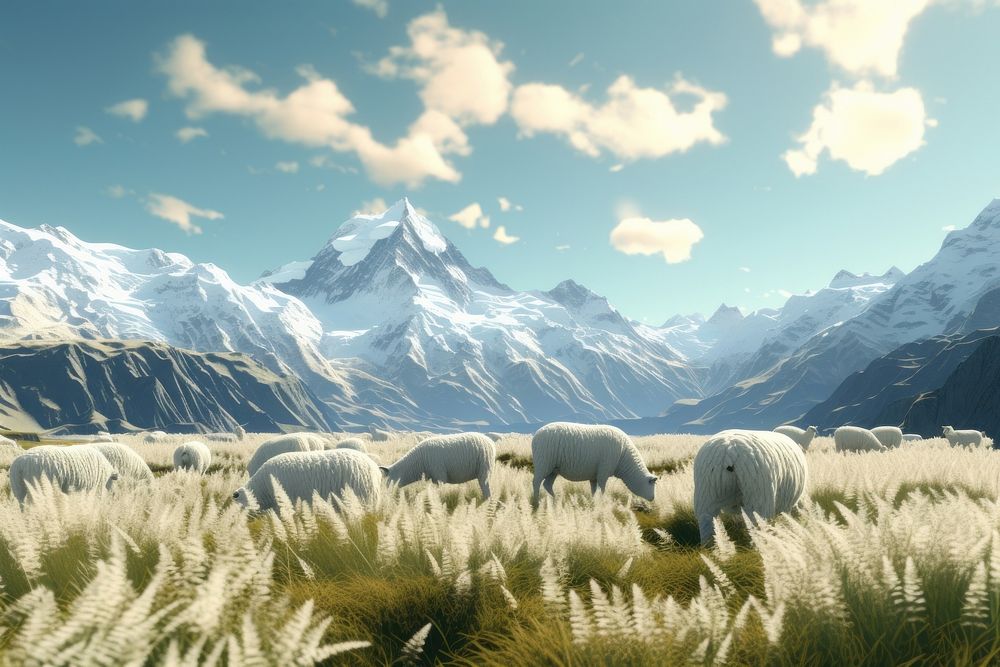 Beutiful mountains and sheeps landscape outdoors grazing.
