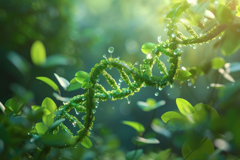 3D illustration of bright DNA strand green sunlight outdoors.