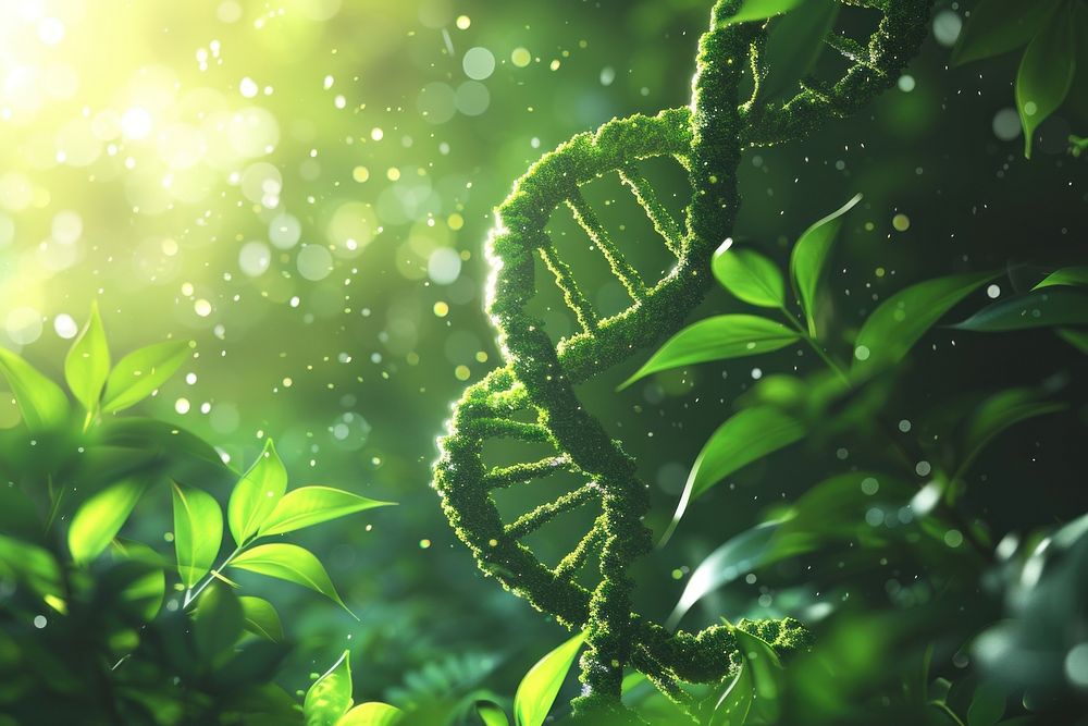 3D illustration of bright DNA strand green outdoors nature.