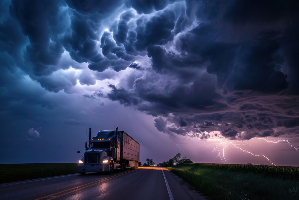 Truck driving over clouds under lightning thunder thunderstorm outdoors vehicle.