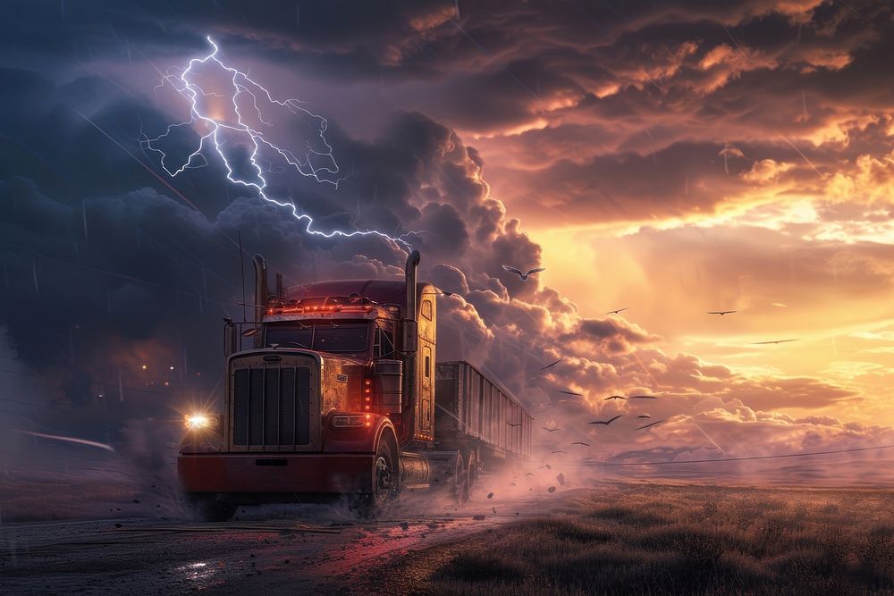 Truck driving over clouds under lightning thunder thunderstorm outdoors vehicle.