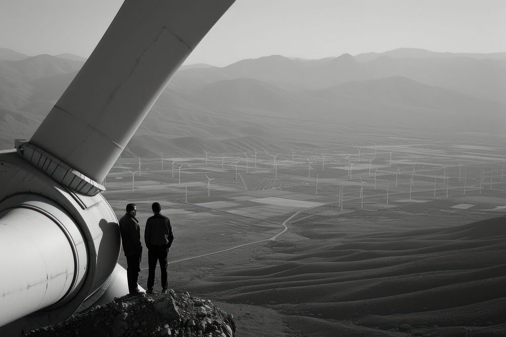 Two men are standing on the part of a large wind turbine outdoors windmill transportation.