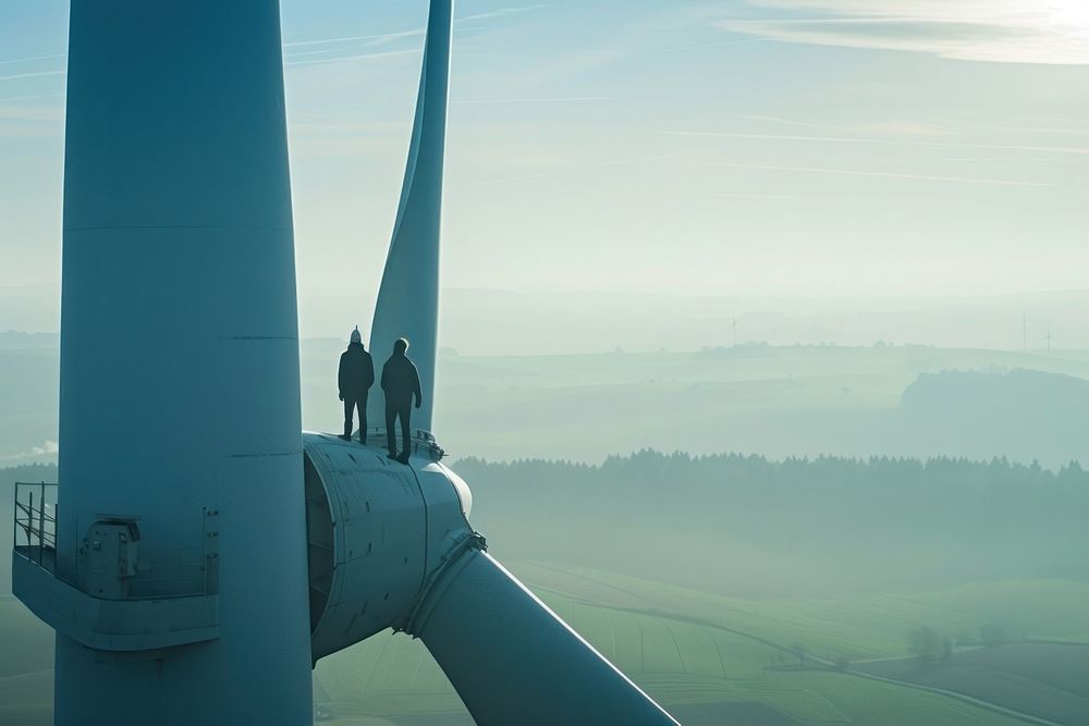 Two men are standing on the part of a large wind turbine machine architecture agriculture.