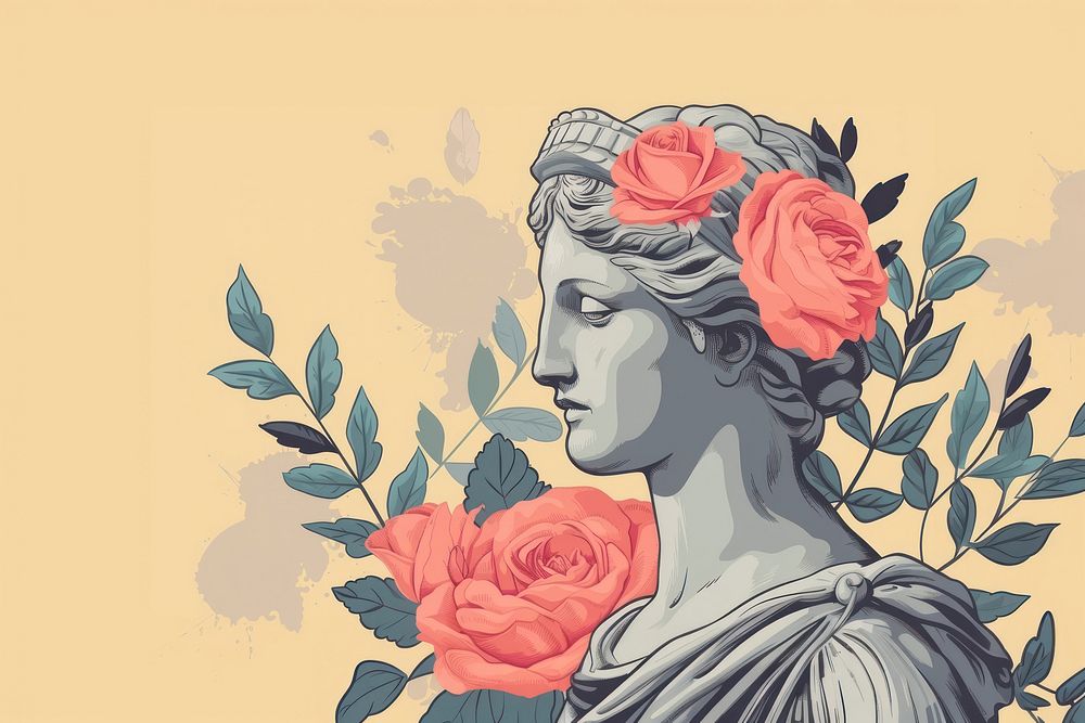 Ancient female Greek sculpture decorate with Rose flowers rose painting pattern.
