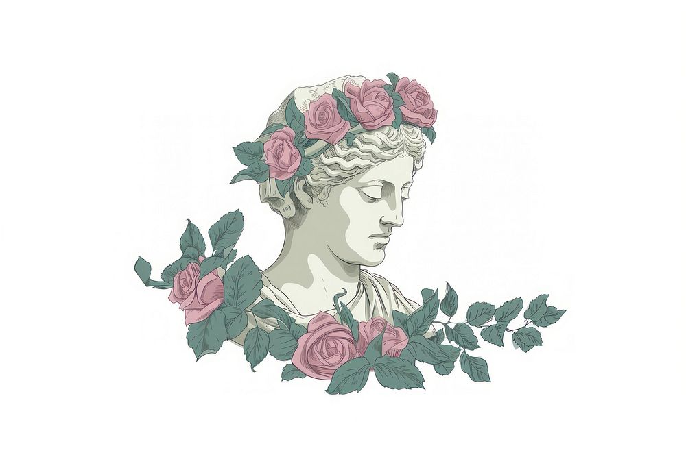 Ancient female Greek sculpture decorate with Rose flowers drawing sketch rose.
