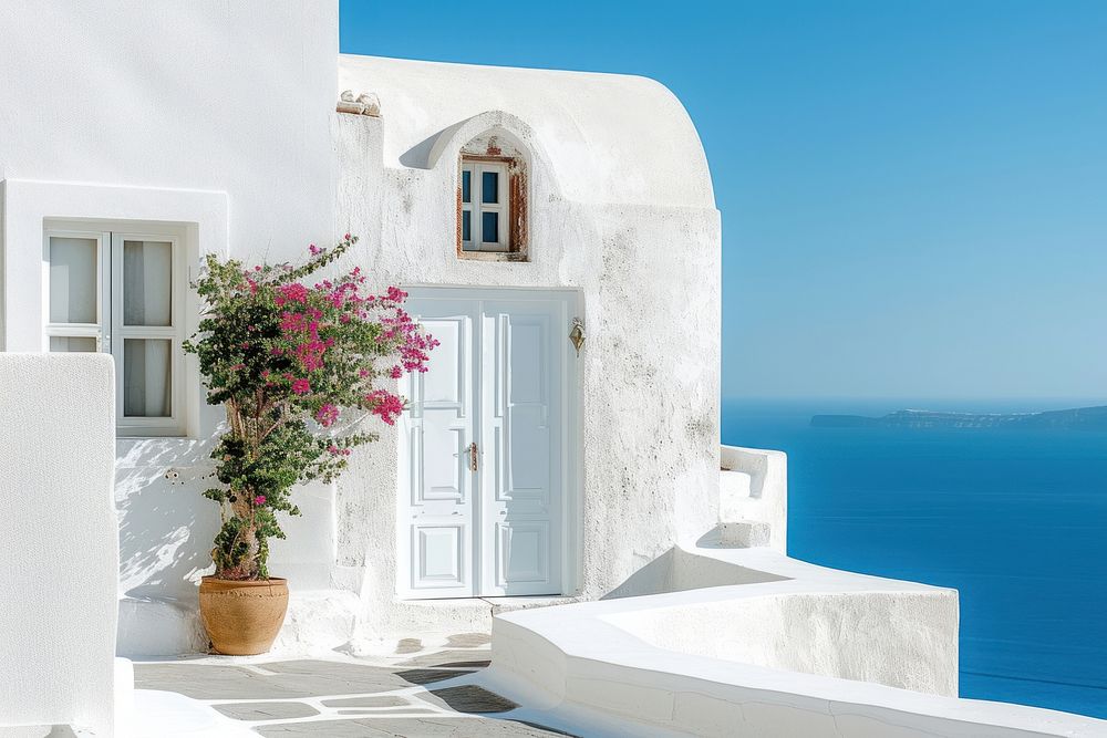 White architecture of Oia village building plant house.