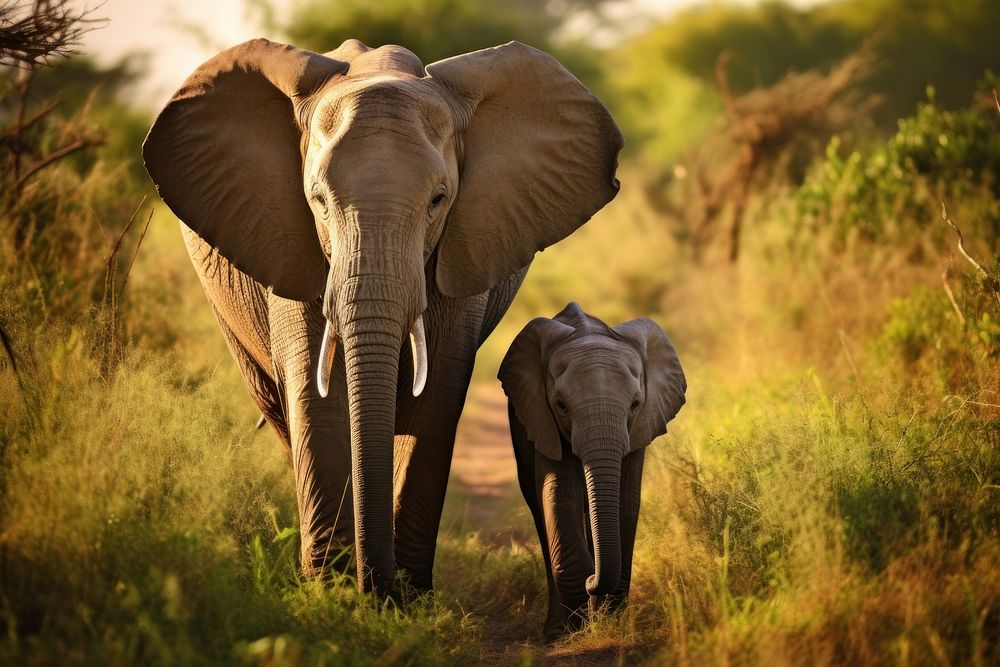 Elephant with baby elephant field grassland wildlife.
