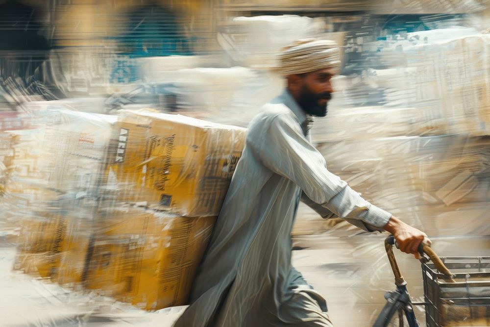 Man pushing packages on a handlood vehicle street adult.