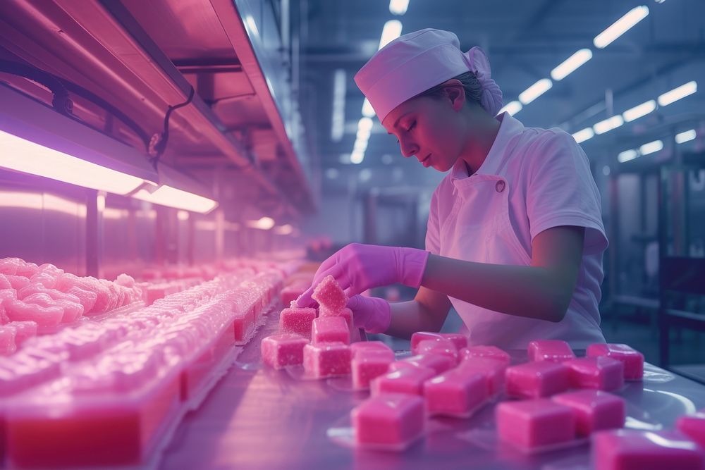 Bakery employee making candy in a factory concentration agriculture supermarket.