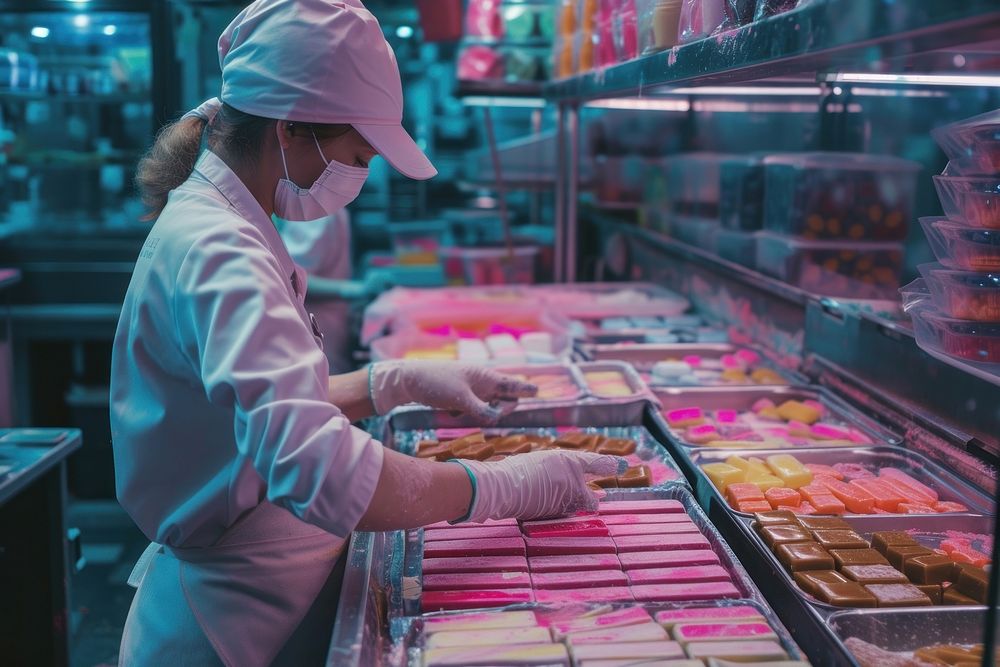 Bakery employee making candy in a factory adult supermarket protection.