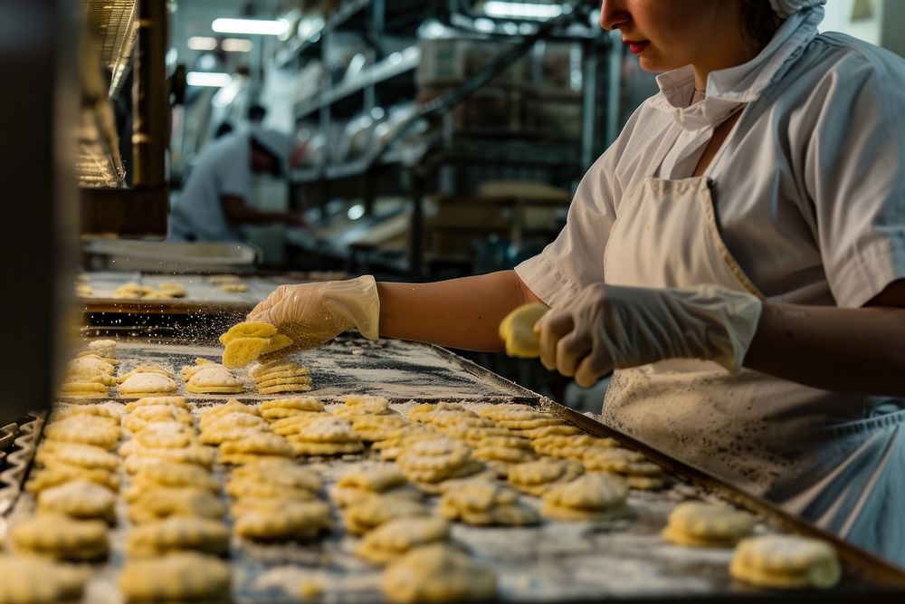 Bakery employee making biscuits in a factory adult food concentration.