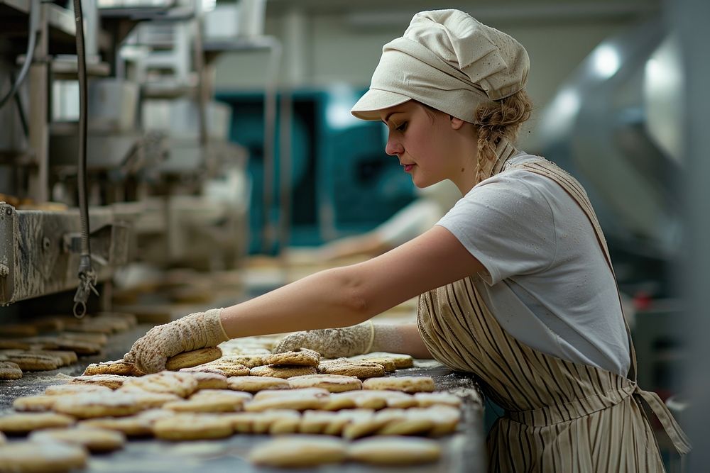 Bakery employee making biscuits in a factory adult manufacturing concentration.