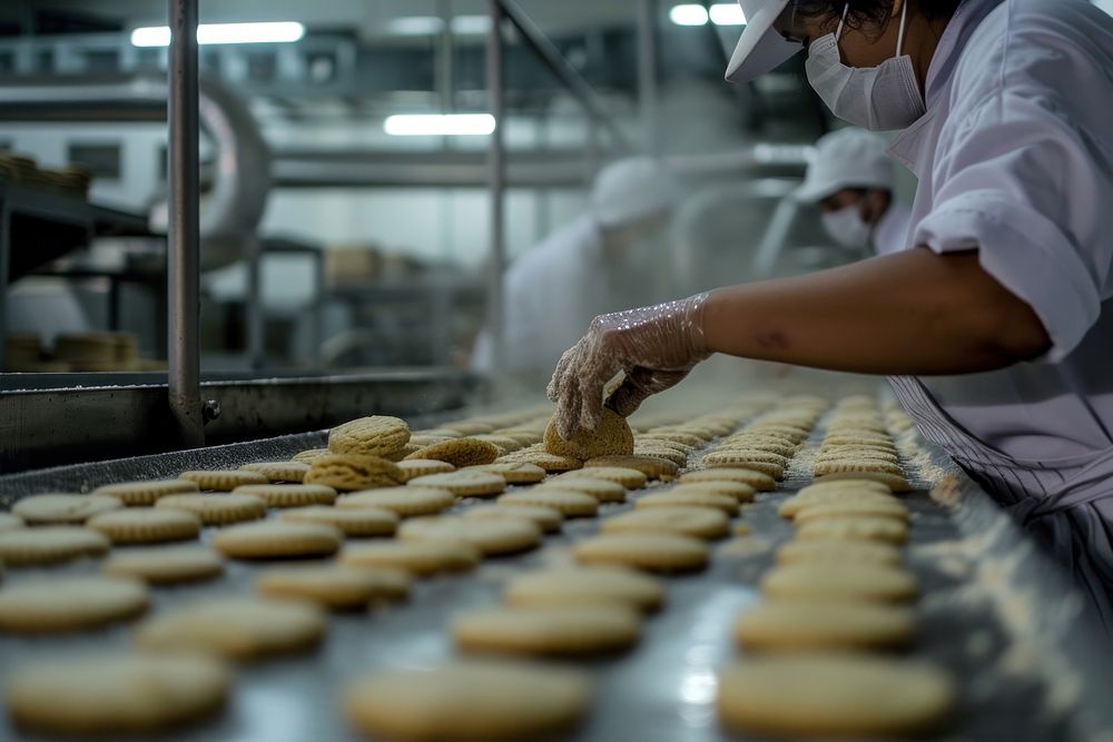 Bakery employee making biscuits in a factory adult concentration protection.