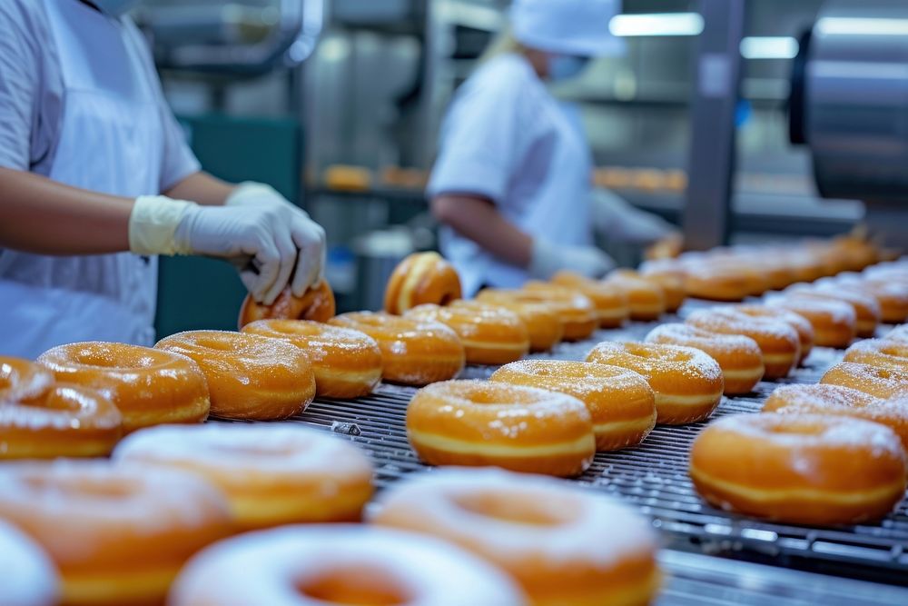 Bakery employee making doughnuts in a factory bread adult food.