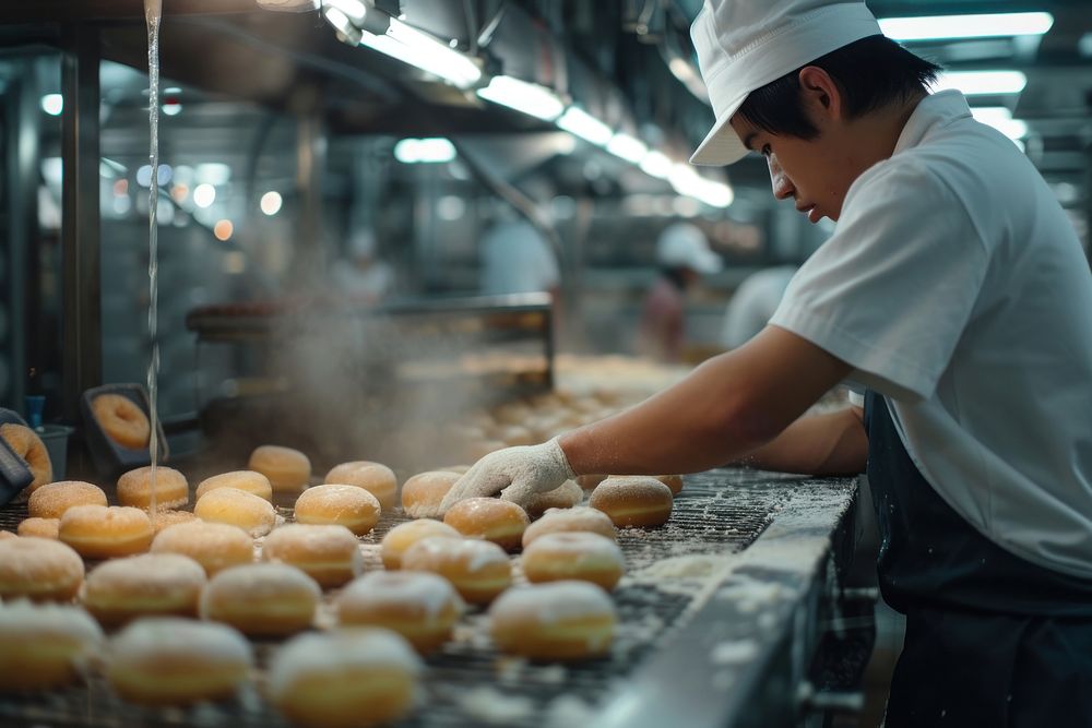 Bakery employee making doughnuts in a factory adult concentration freshness.