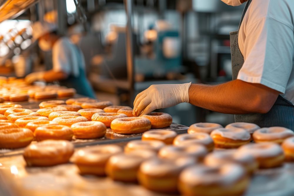 Bakery employee making doughnuts in a factory bread adult food.