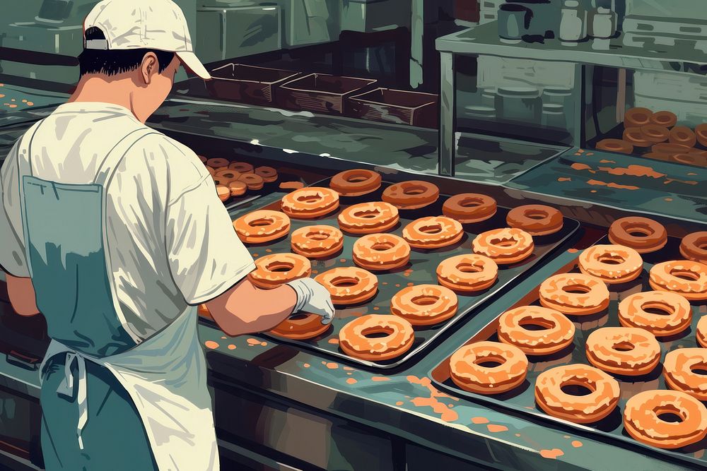 Bakery employee making doughnuts in a factory adult freshness standing.