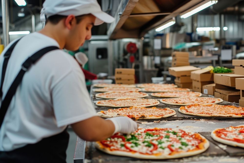 Bakery employee making pizza in a factory adult food concentration.