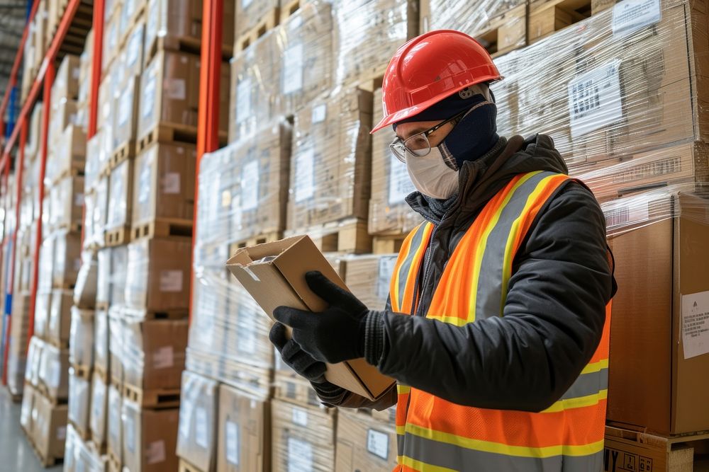 Containerized warehouse worker inspecting box cardboard hardhat.