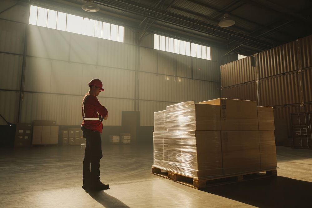 Containerized warehouse worker inspecting box architecture building.