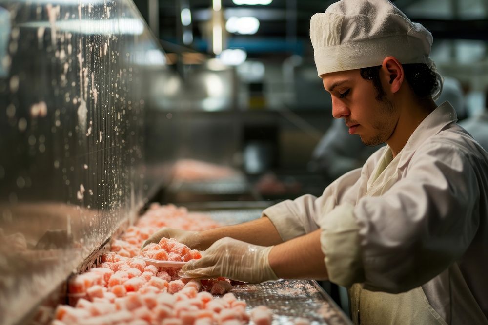 Employee making frozen foods in a factory adult chef concentration.