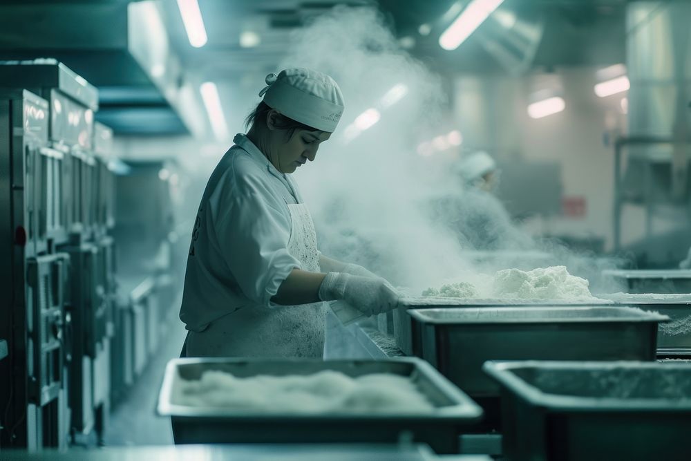 Employee making frozen foods in a factory adult chef restaurant.
