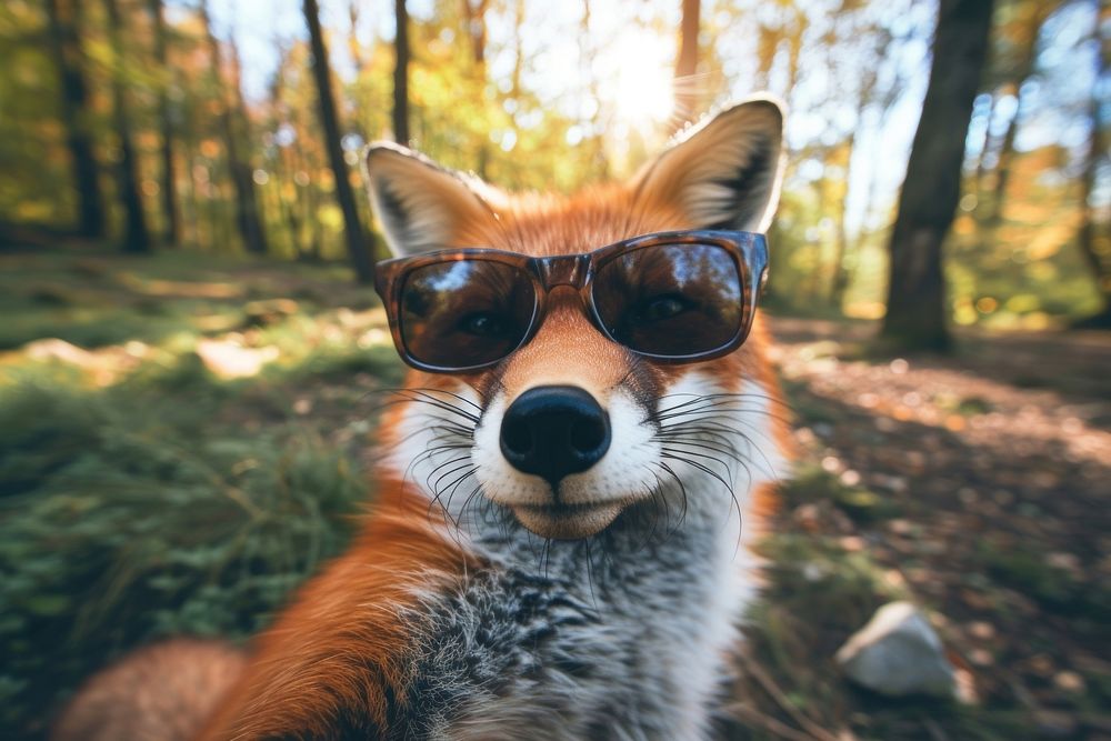 Fox wearing sunglasses selfie portrait outdoors mammal.