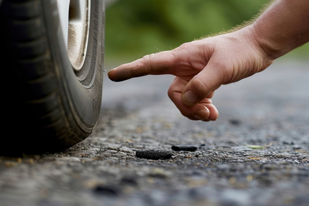 A hand pointing at a tire that has puncture damage vehicle finger wheel.