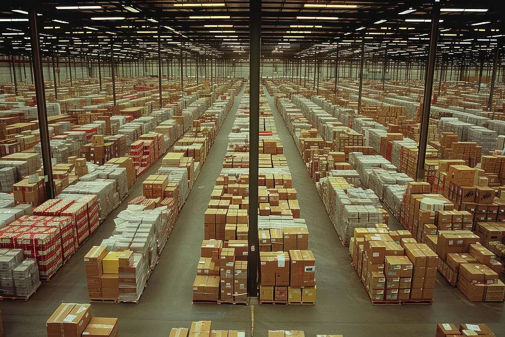 A large indoor smart warehouse with lots of boxes architecture building indoors.