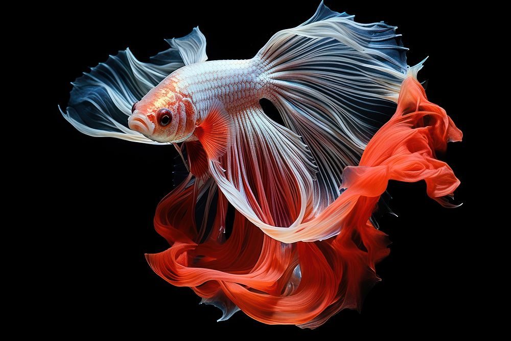 Fantail betta fish goldfish animal black background.