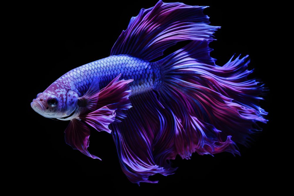 True purple betta fish animal black background underwater.