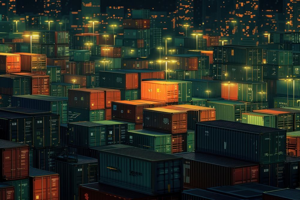 Port that holds many container night architecture illuminated.