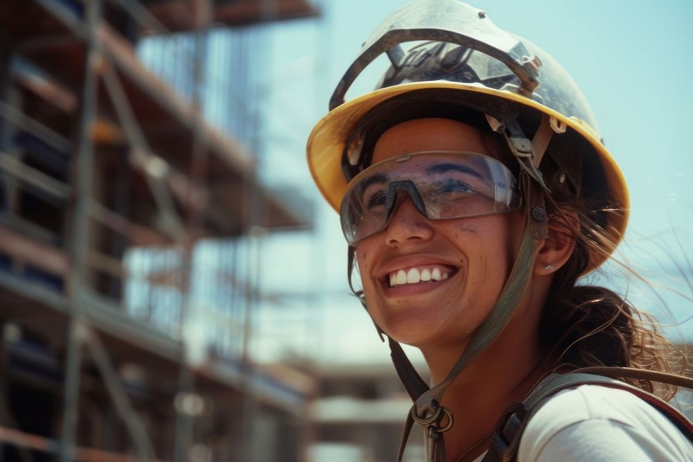 A smiling female construction worker portrait glasses hardhat.