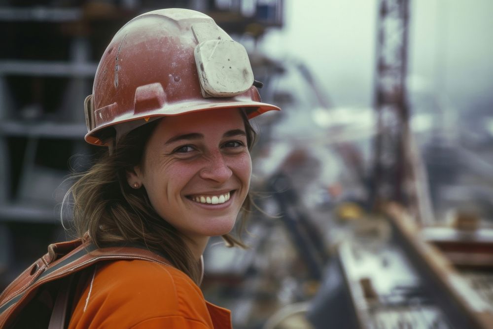 A smiling female construction worker hardhat helmet smile.