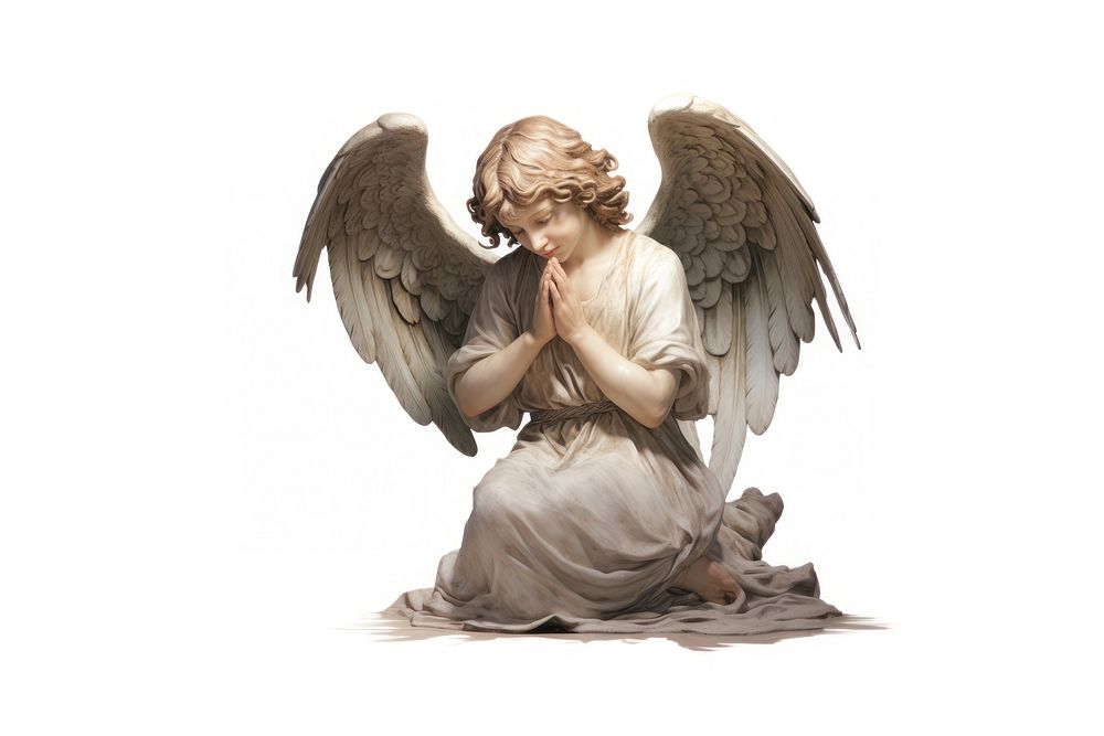 Adoring kneeling angel statue white background representation spirituality.